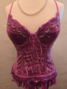 Roselle Pink Velvet Beaded Corset Top Coquette Romantic 36B